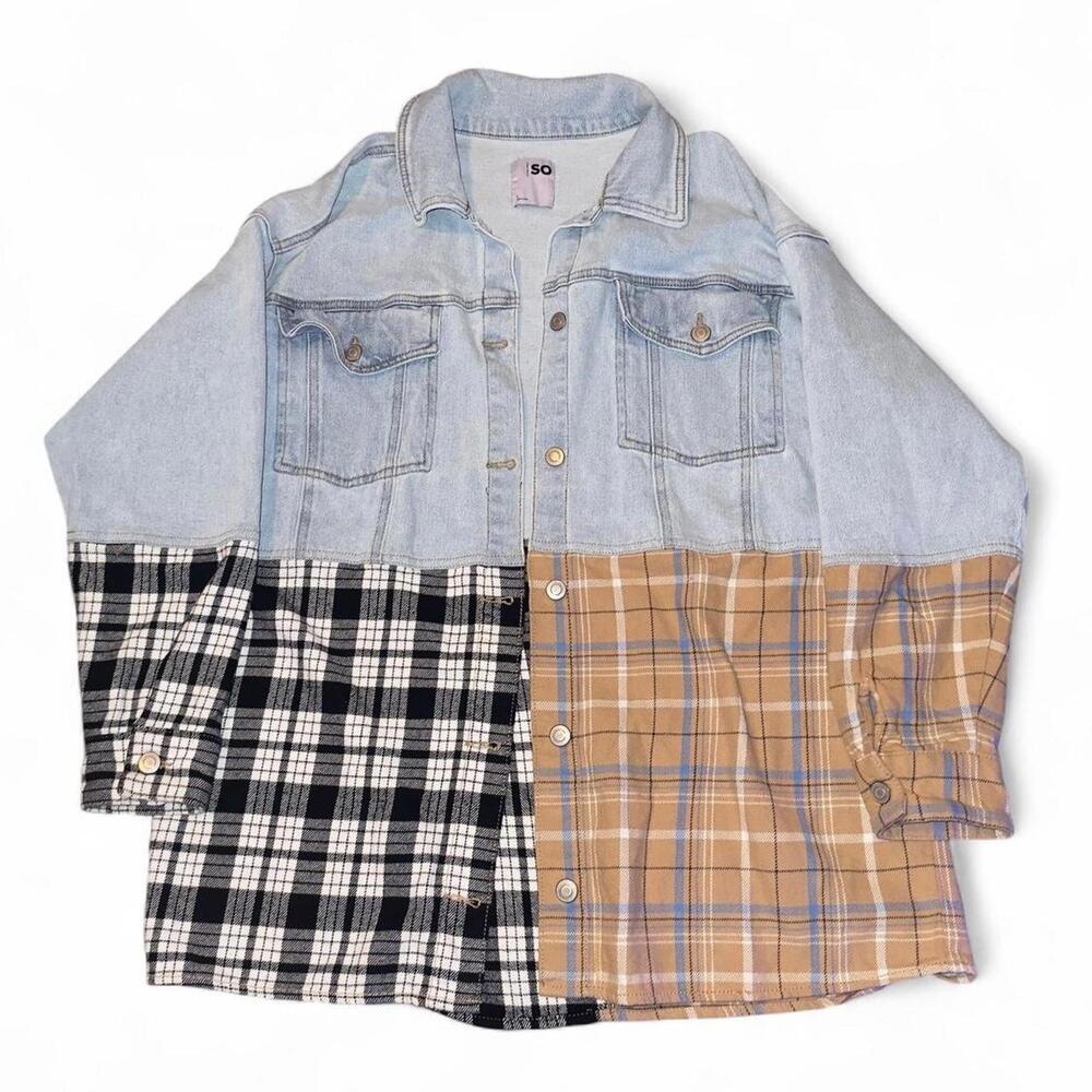 Grunge Blue Denim Plaid Patchwork Shacket Relaxed Lagenlook Button Up Womens L